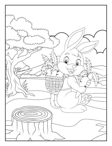 Rabbit holding basket near stump