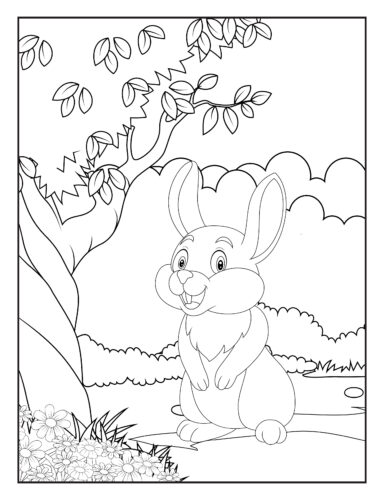 Rabbit sitting under leafy tree