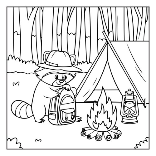 Raccoon camping with tent and fire