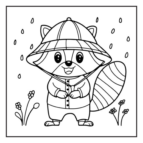 Raccoon wearing raincoat and hat