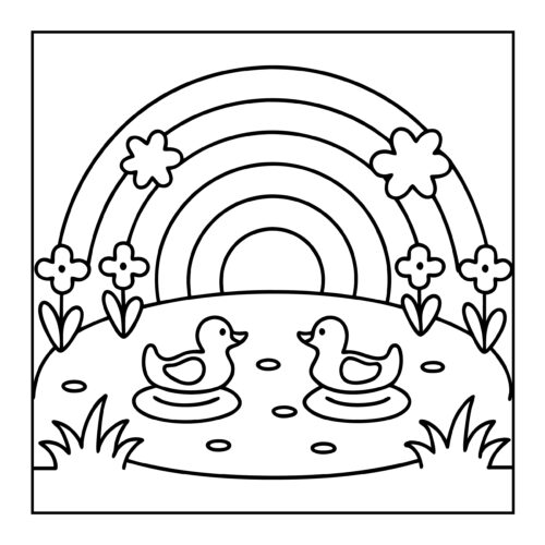 Rainbow pond with swimming ducks