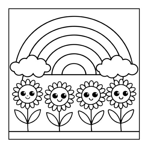 Rainbow with happy smiling flowers