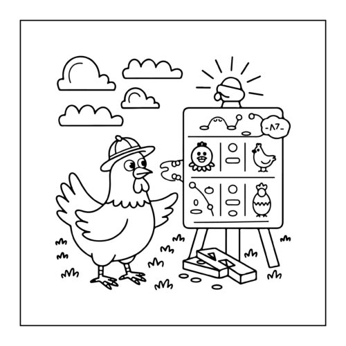 Rooster presenting weather forecast chart