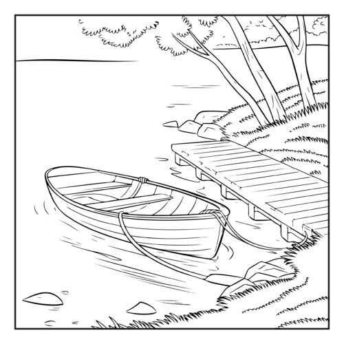 Rowboat moored at wooden lake dock