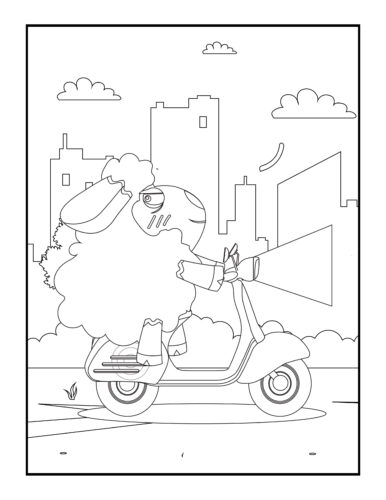 Sheep riding scooter through city
