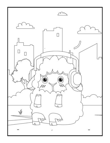 Sheep wearing headphones in city