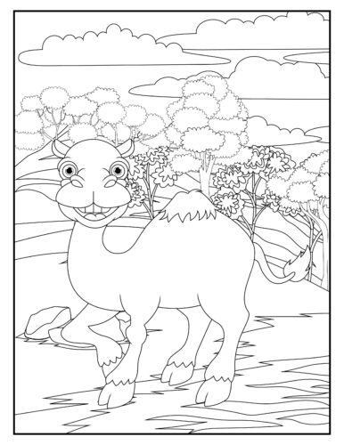 Smiling camel in sunny meadow