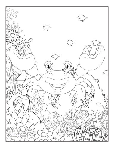 Smiling crab surrounded by fish