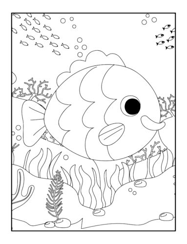 Smiling fish in underwater garden scene
