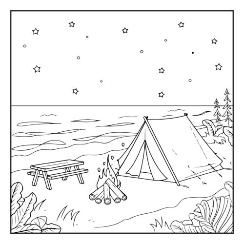 Starry night lakeside camping scene