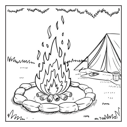 Stone circle campfire near camping tent
