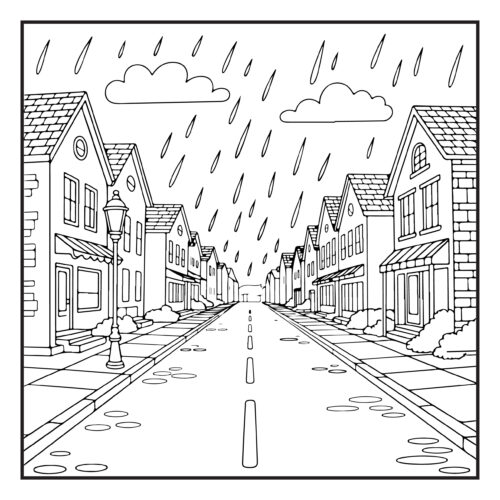 Street view with Houses and rain