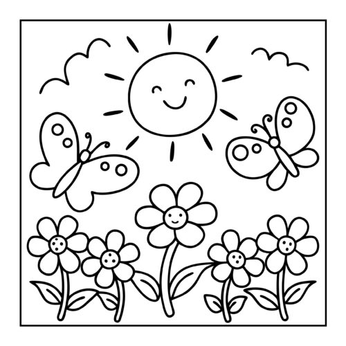 Sunny day with butterflies flowers