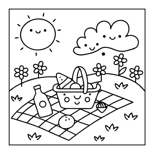 Sunny picnic basket outdoors scene