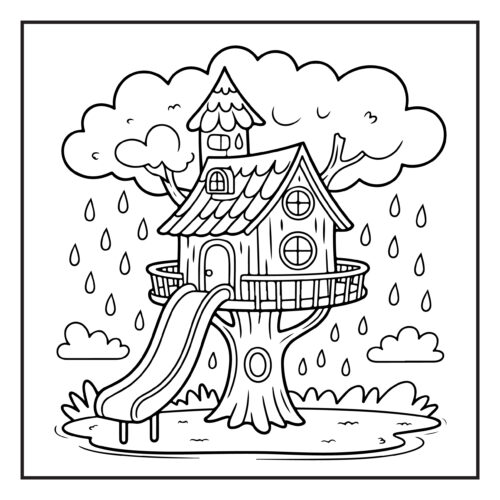 Treehouse with slide during rainstorm