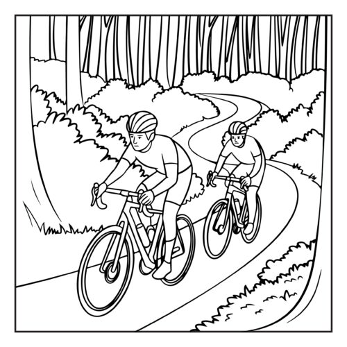 Two cyclists biking on forest trail