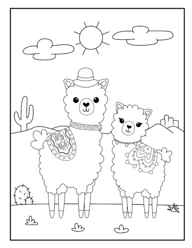 Two decorated Llamas, desert scene