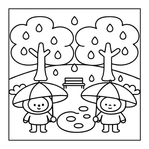 Two kids under rainy trees