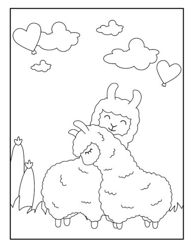 Two llamas hugging with hearts