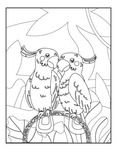 Two parrots sitting together closely