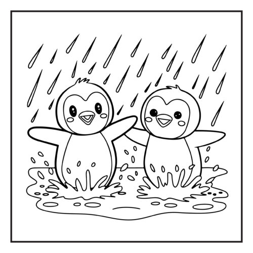 Two penguins dancing in rain