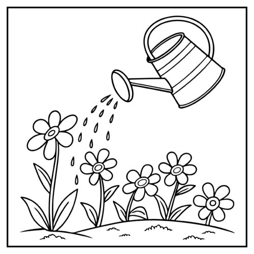 Watering can spraying flower garden