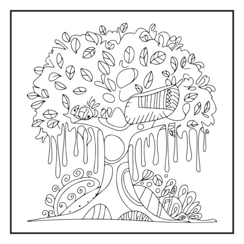 Whimsical tree with falling leaves