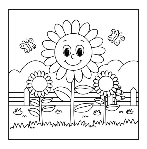 cheerful sunflowers with flying butterflies