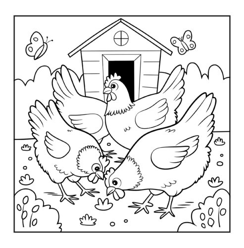 chickens playing near chicken coop