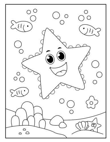 cute starfish swimming with fish underwater