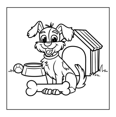 happy dog with doghouse bone