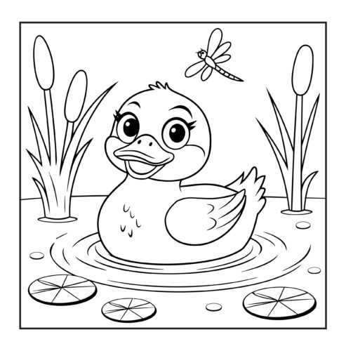 happy duck swimming with dragonfly