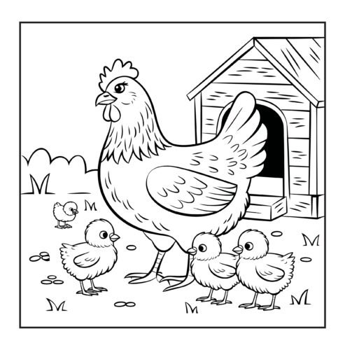 hen with chicks and coop