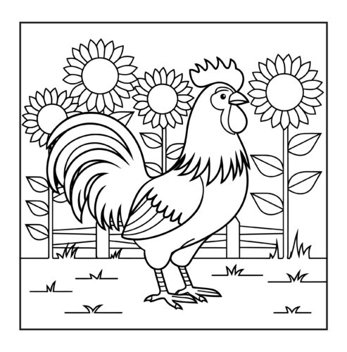 rooster among tall sunflower stalks