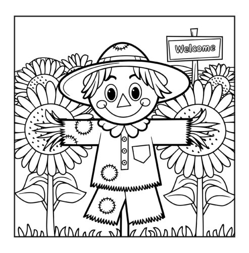 scarecrow with sunflowers and welcome