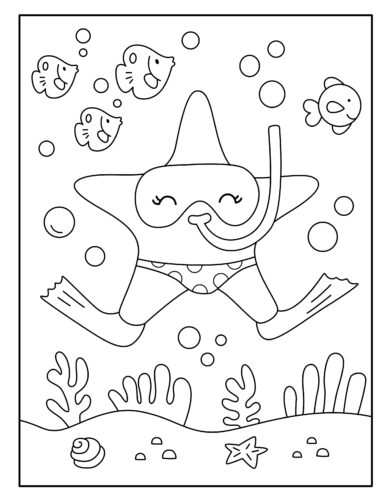 starfish swimming with tropical fish happily