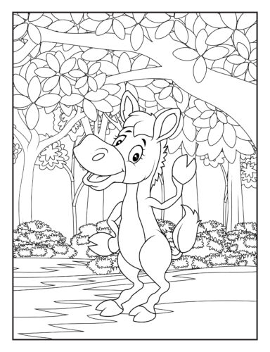 Donkey dancing under flowering trees