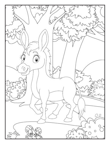 Donkey in forest with mushrooms