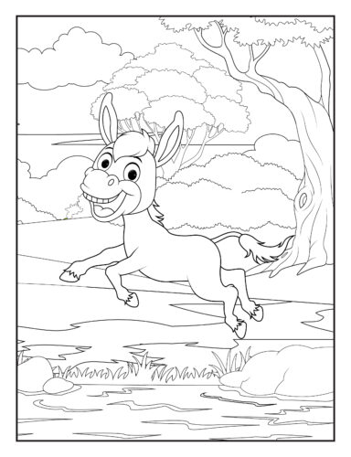 Donkey running through grassy field