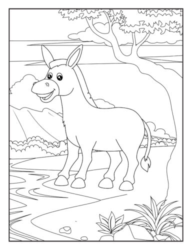 Donkey standing by winding stream