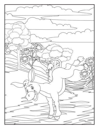 Donkey standing in countryside landscape