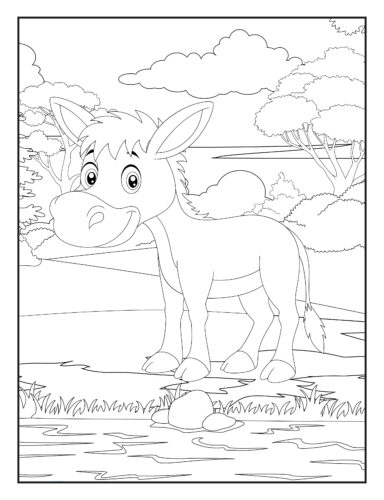 Donkey standing near water stream
