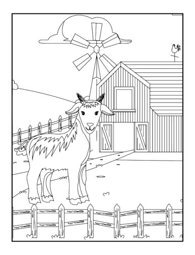 Goat by barn with windmill