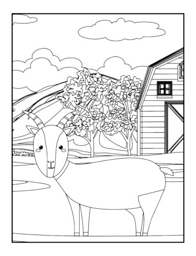 Goat by blooming flower garden
