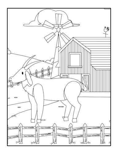 Goat by windmill and barn