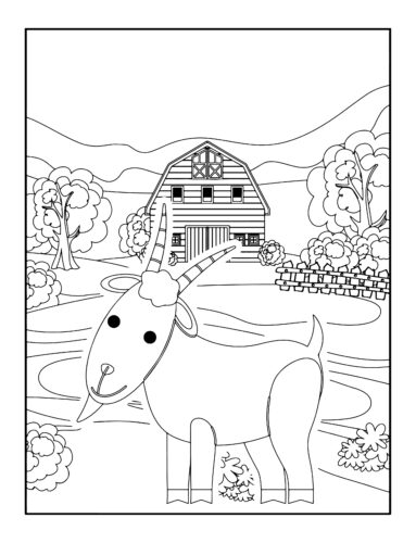 Goat near red barn building