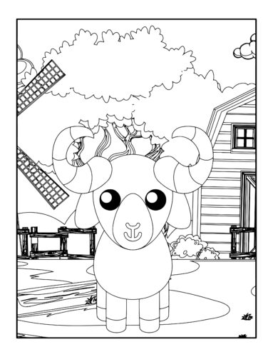 Goat with curled horns outdoors