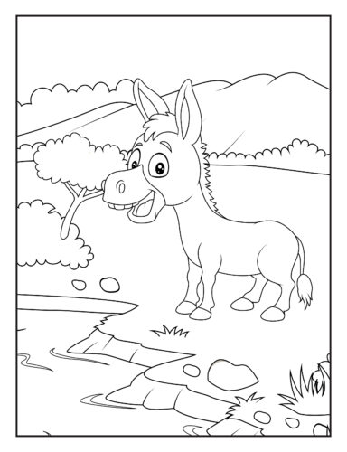 Happy donkey by mountain stream