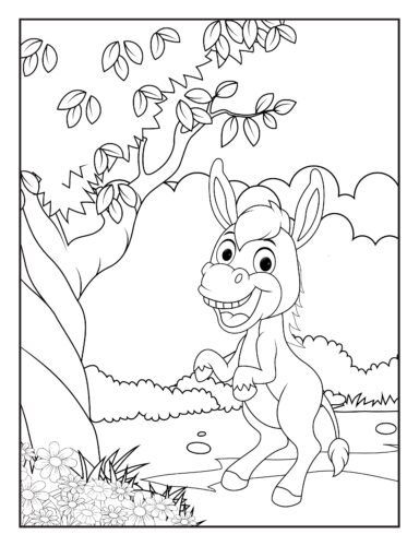 Happy donkey under fruit tree