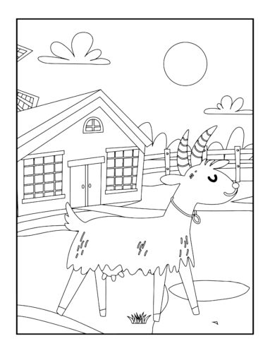 Happy goat by farm house